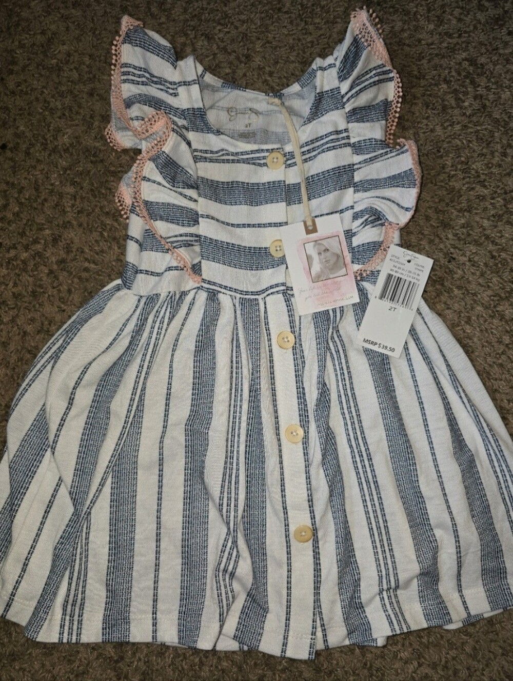 NWT 2T Jessica Simpsom Blue & White Striped Flutter-Sleeve Dress with Pink Trim